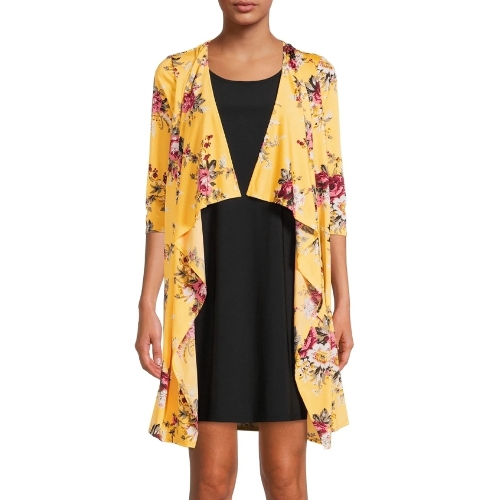 Rachel Rachel Women's 3/4 Sleeve 2 Piece Set Black Dress Yellow Floral Cardigan